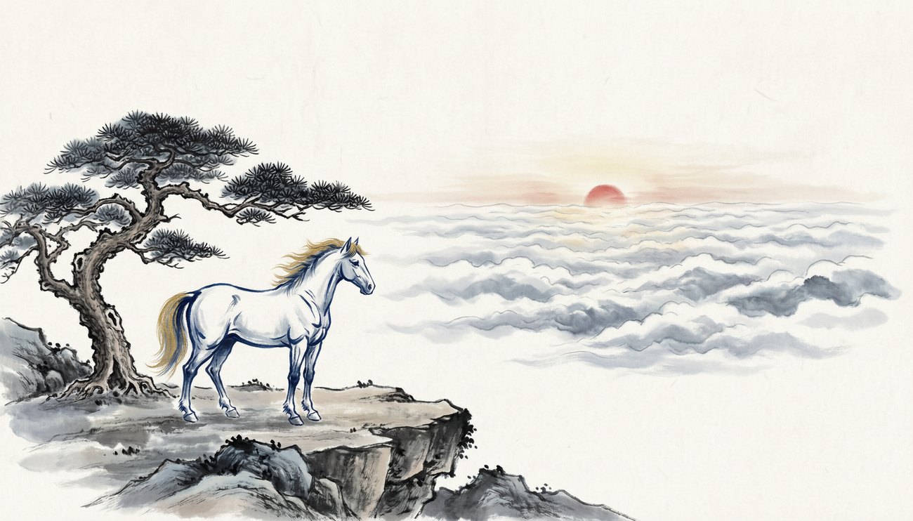 恒通白马图腾 · 立山远眺（水墨）